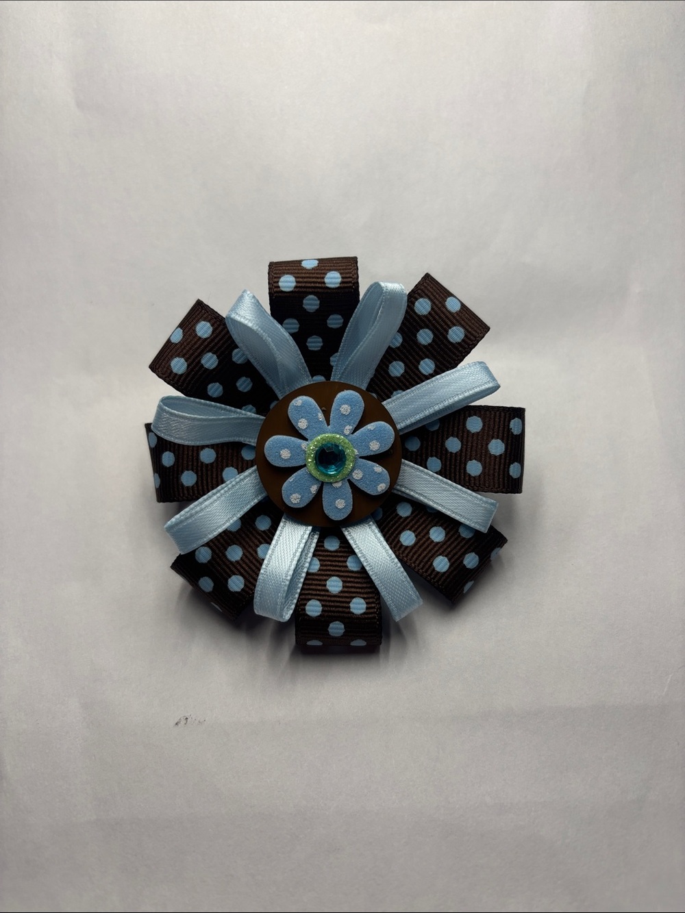 Blue & Brown Polka Dot Ribbon Flower Hair Bow